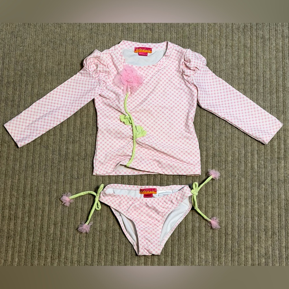 Kate Mack - Girl’s Pink Gingham Flower Rash Guard 2-Piece Swimsuit, Size - 2T